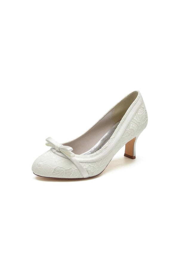 Chic Champagne Lace Formal Heels with Matching Bow - KissProm