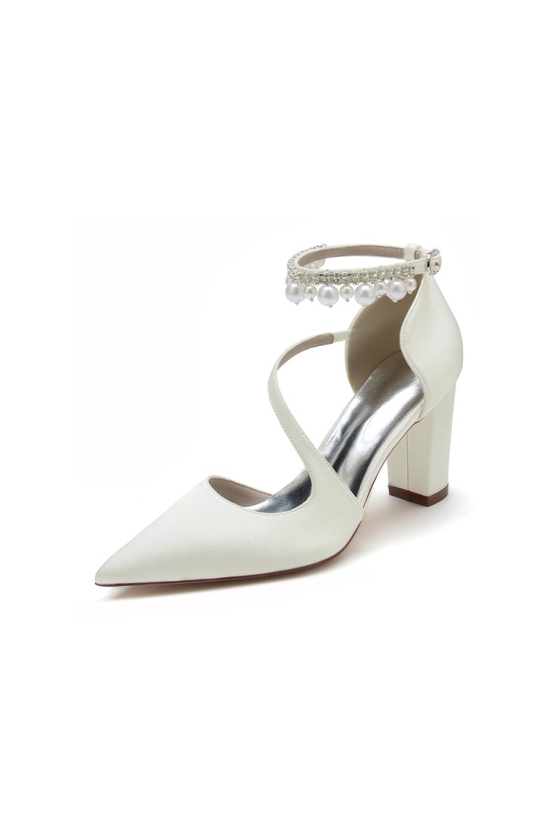 White Satin Heels with Cross - Strap Design and Pearl - Accented Buckle - KissProm