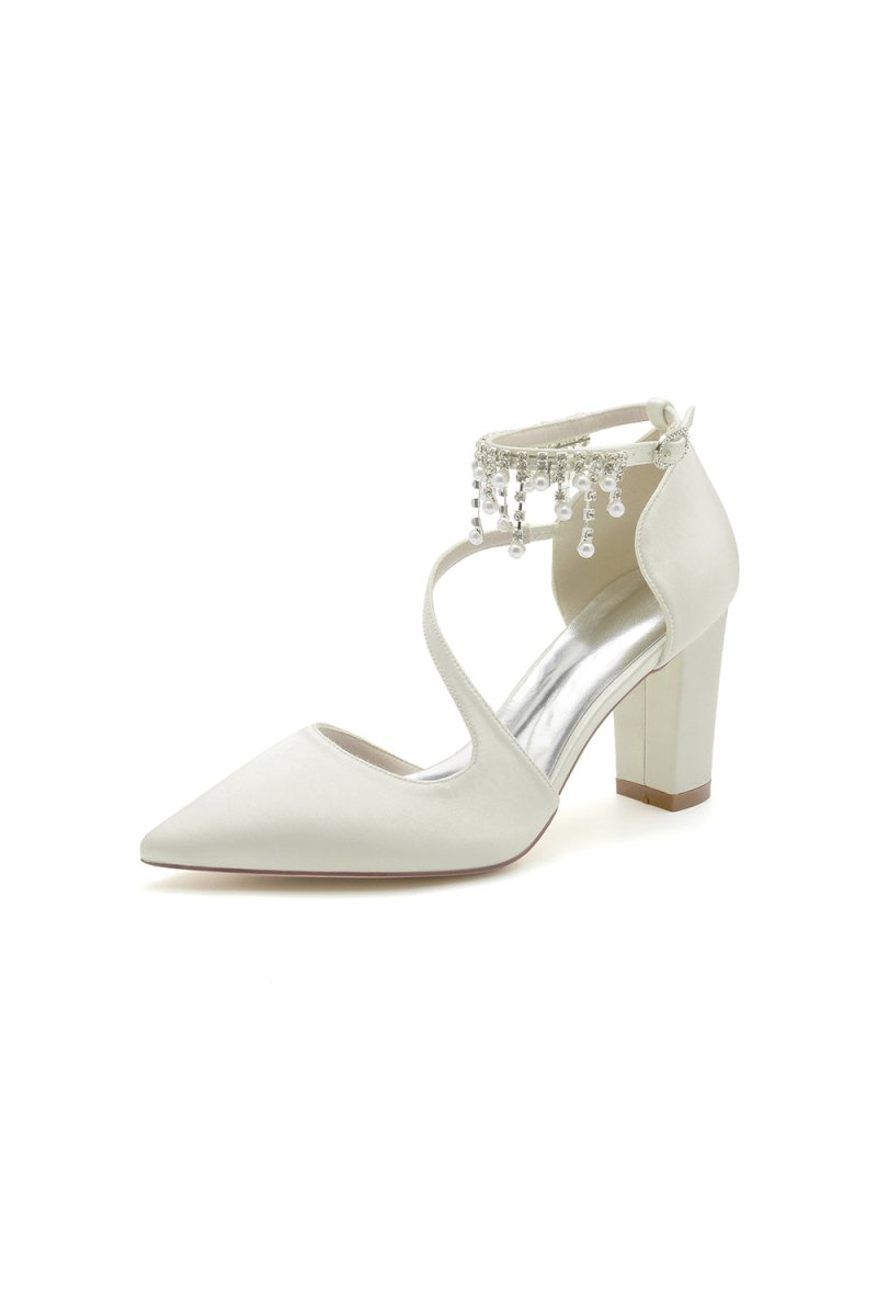 White Satin Pump with Pearl - Embedded Chain Heel - KissProm