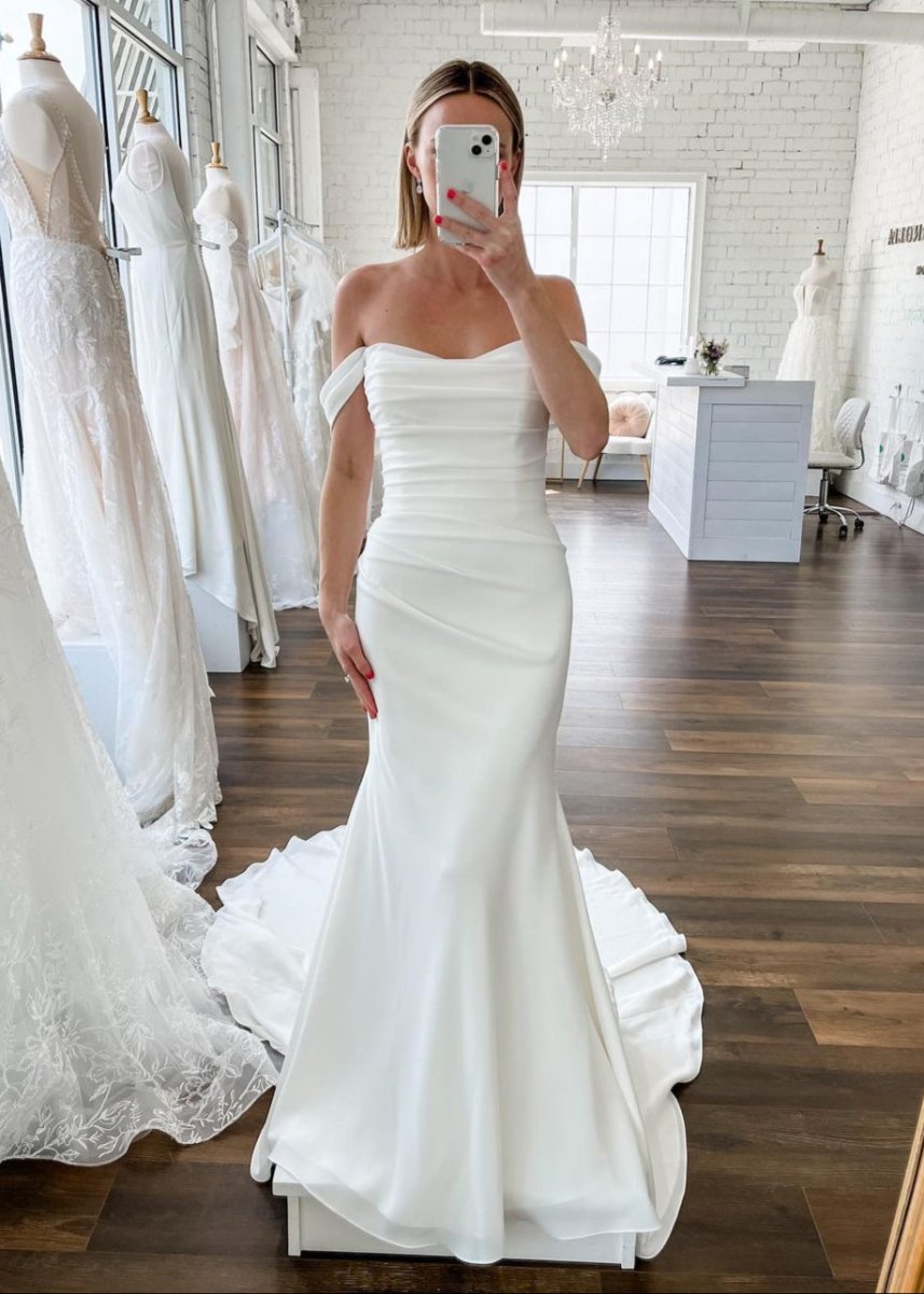 Elegant Mermaid Off The Shoulder Elastic Long Wedding Dresses, Diamond White / 14