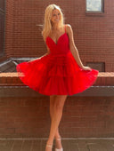 A-Line Deep V Neck Tiered Short Homecoming Dress - KissProm
