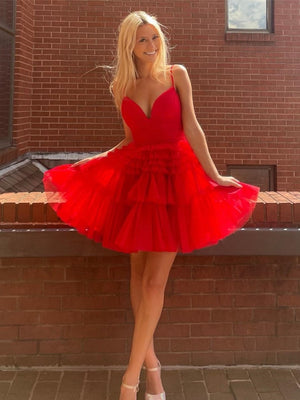 A-Line Deep V Neck Tiered Short Homecoming Dress - KissProm