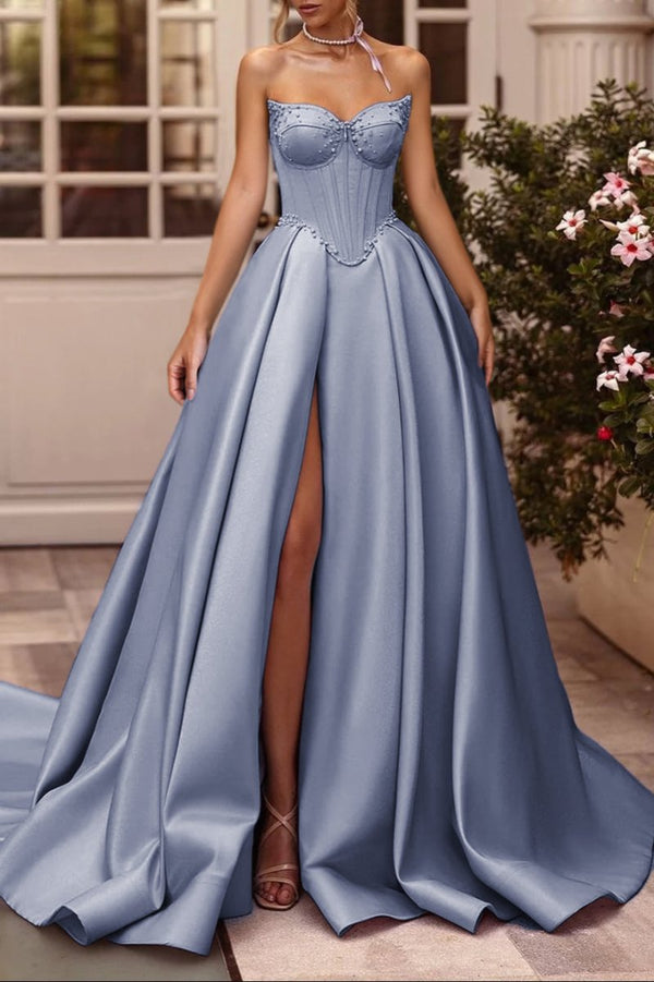 Deacon | A-Line Lilac Sweetheart Satin Long Corset Prom Dress with Slit (Gloves are not Included)