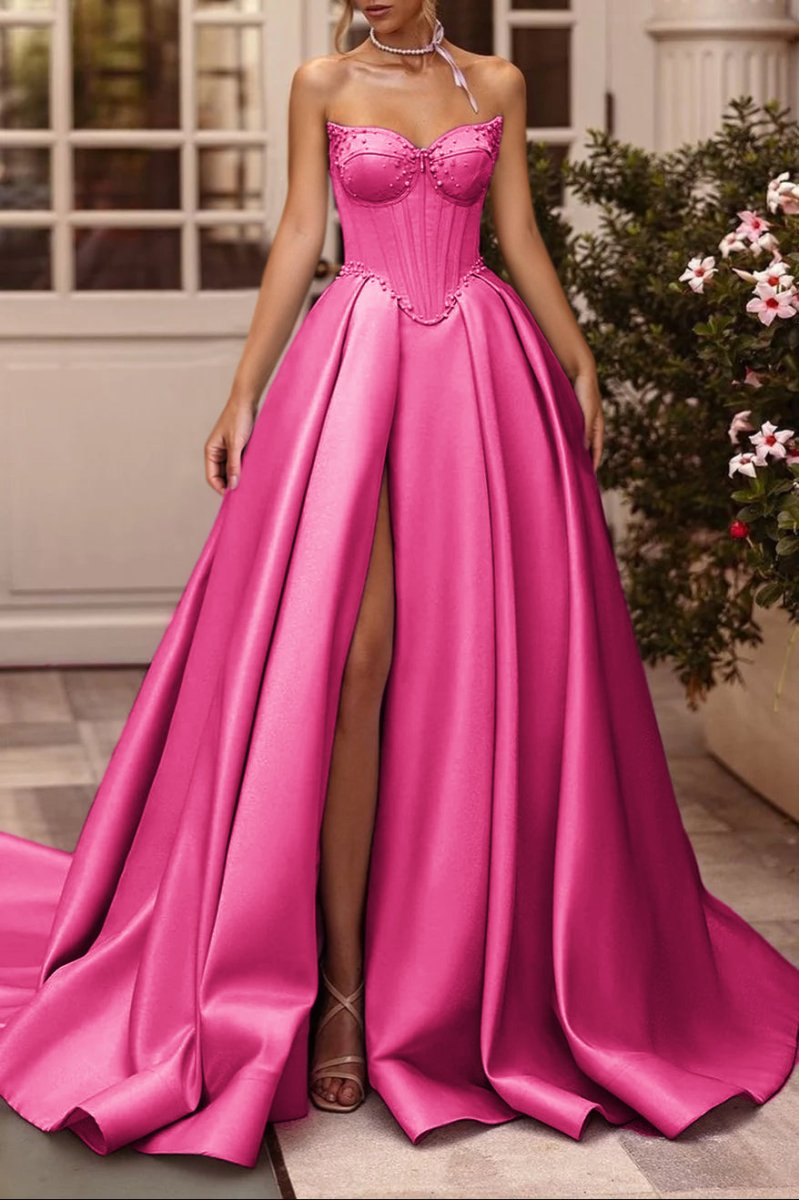 Deacon | A-Line Lilac Sweetheart Satin Long Corset Prom Dress with Slit (Gloves are not Included)