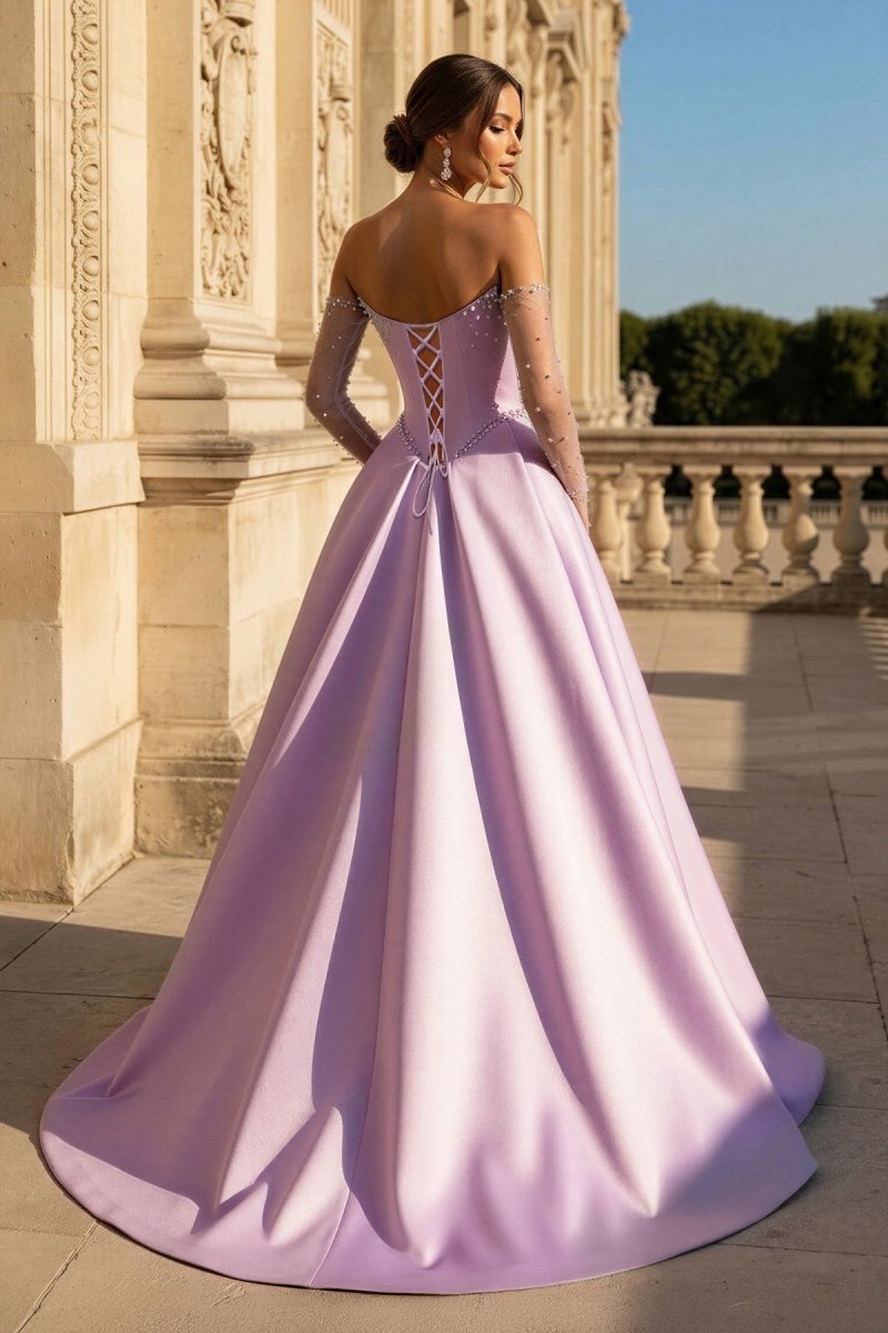 KissProm A-Line Lilac Sweetheart Satin Long Corset Prom Dress with Slit (Gloves are not Included), Lilac / 8