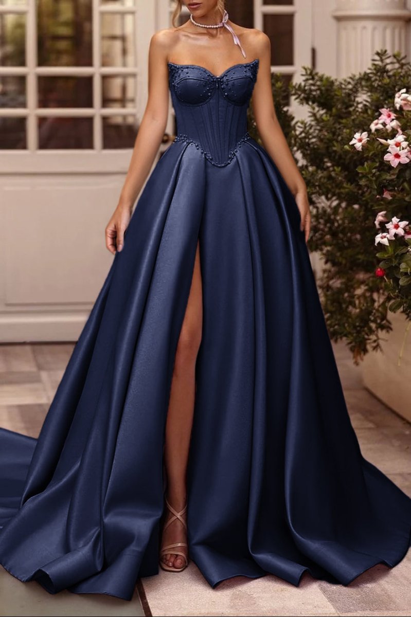 A-Line Lilac Sweetheart Satin Long Corset Prom Dress with Slit (Gloves are not Included) Navy Blue / 10