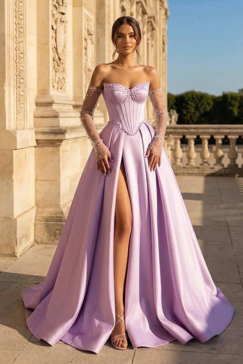 A - Line Lilac Sweetheart Satin Long Corset Prom Dress with Slit (Gloves are not Included) - KissProm