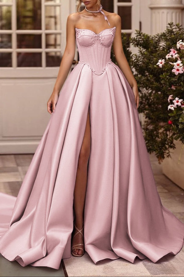 Deacon | A-Line Lilac Sweetheart Satin Long Corset Prom Dress with Slit (Gloves are not Included)