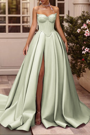 Deacon | A-Line Lilac Sweetheart Satin Long Corset Prom Dress with Slit (Gloves are not Included)