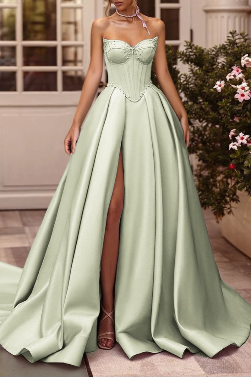 A-Line Lilac Sweetheart Satin Long Corset Prom Dress with Slit (Gloves are not Included), Sage Green / 0 A-Line Lilac Sweetheart Satin Long Corset Prom Dress with Slit (Gloves are not Included), Sage Green / 0