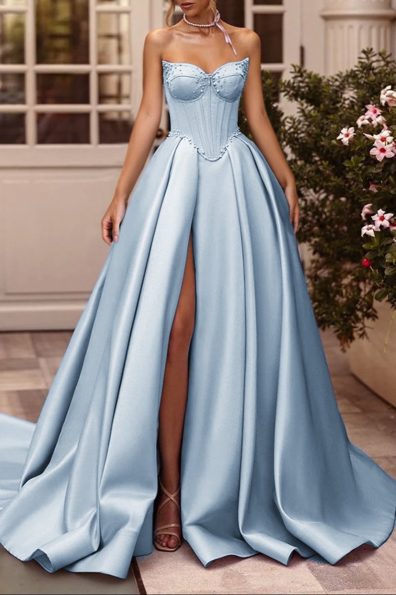 Deacon | A-Line Lilac Sweetheart Satin Long Corset Prom Dress with Slit (Gloves are not Included)