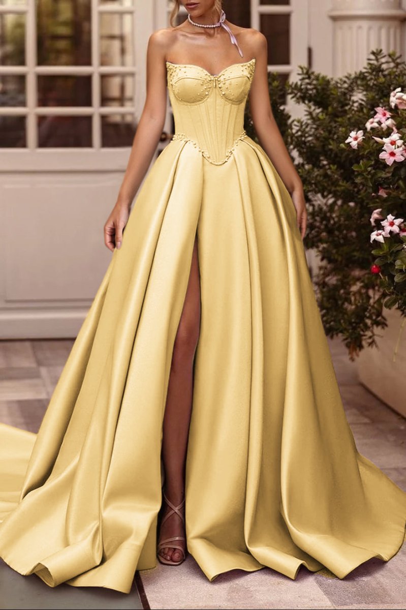 A-Line Lilac Sweetheart Satin Long Corset Prom Dress with Slit (Gloves Are Not Included), Yellow / 8 A-Line Lilac Sweetheart Satin Long Corset Prom Dress with Slit (Gloves Are Not Included), Yellow / 8