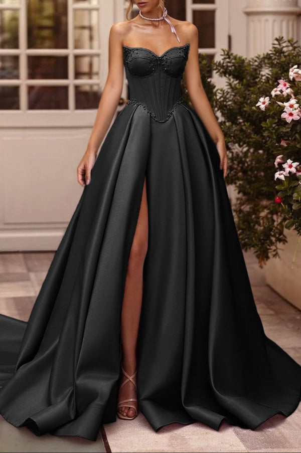 Deacon | A-Line Lilac Sweetheart Satin Long Corset Prom Dress with Slit (Gloves are not Included)