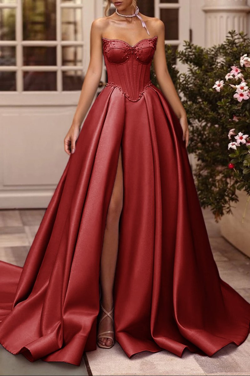 A-Line Lilac Sweetheart Satin Long Corset Prom Dress with Slit (Gloves Are Not Included) Burgundy / 18 A-Line Lilac Sweetheart Satin Long Corset Prom Dress with Slit (Gloves Are Not Included) Burgundy / 18