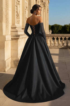A-Line Lilac Sweetheart Satin Long Corset Prom Dress with Slit (Gloves are not Included) - KISSPROM PROM DRESSES