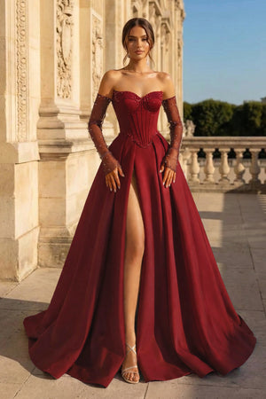 A-Line Lilac Sweetheart Satin Long Corset Prom Dress with Slit (Gloves are not Included) - KISSPROM PROM DRESSES