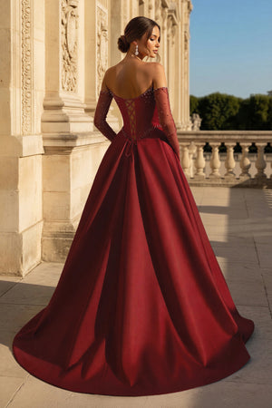 A-Line Lilac Sweetheart Satin Long Corset Prom Dress with Slit (Gloves are not Included) - KISSPROM PROM DRESSES