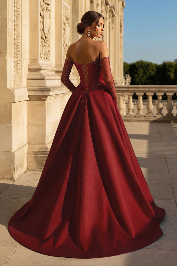 A-Line Lilac Sweetheart Satin Long Corset Prom Dress with Slit (Gloves are not Included) - KISSPROM PROM DRESSES