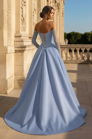 A-Line Lilac Sweetheart Satin Long Corset Prom Dress with Slit (Gloves are not Included) - KISSPROM PROM DRESSES