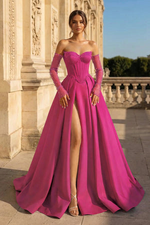 A-Line Lilac Sweetheart Satin Long Corset Prom Dress with Slit (Gloves are not Included) - KISSPROM PROM DRESSES