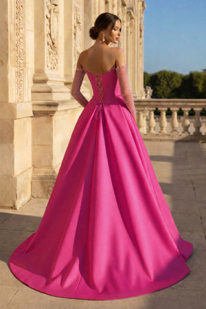 A-Line Lilac Sweetheart Satin Long Corset Prom Dress with Slit (Gloves are not Included) - KISSPROM PROM DRESSES