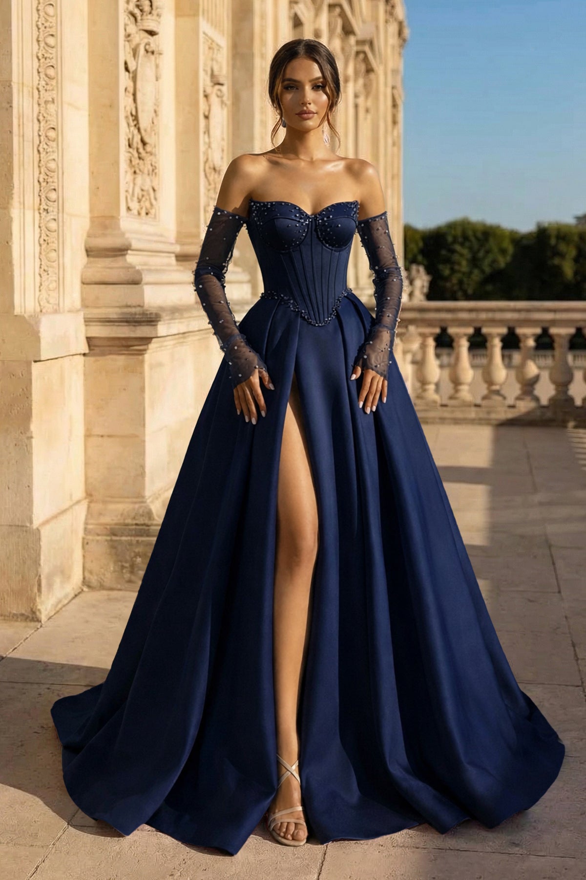 KissProm A-Line Lilac Sweetheart Satin Long Corset Prom Dress with Slit (Gloves are not Included), Black / 16
