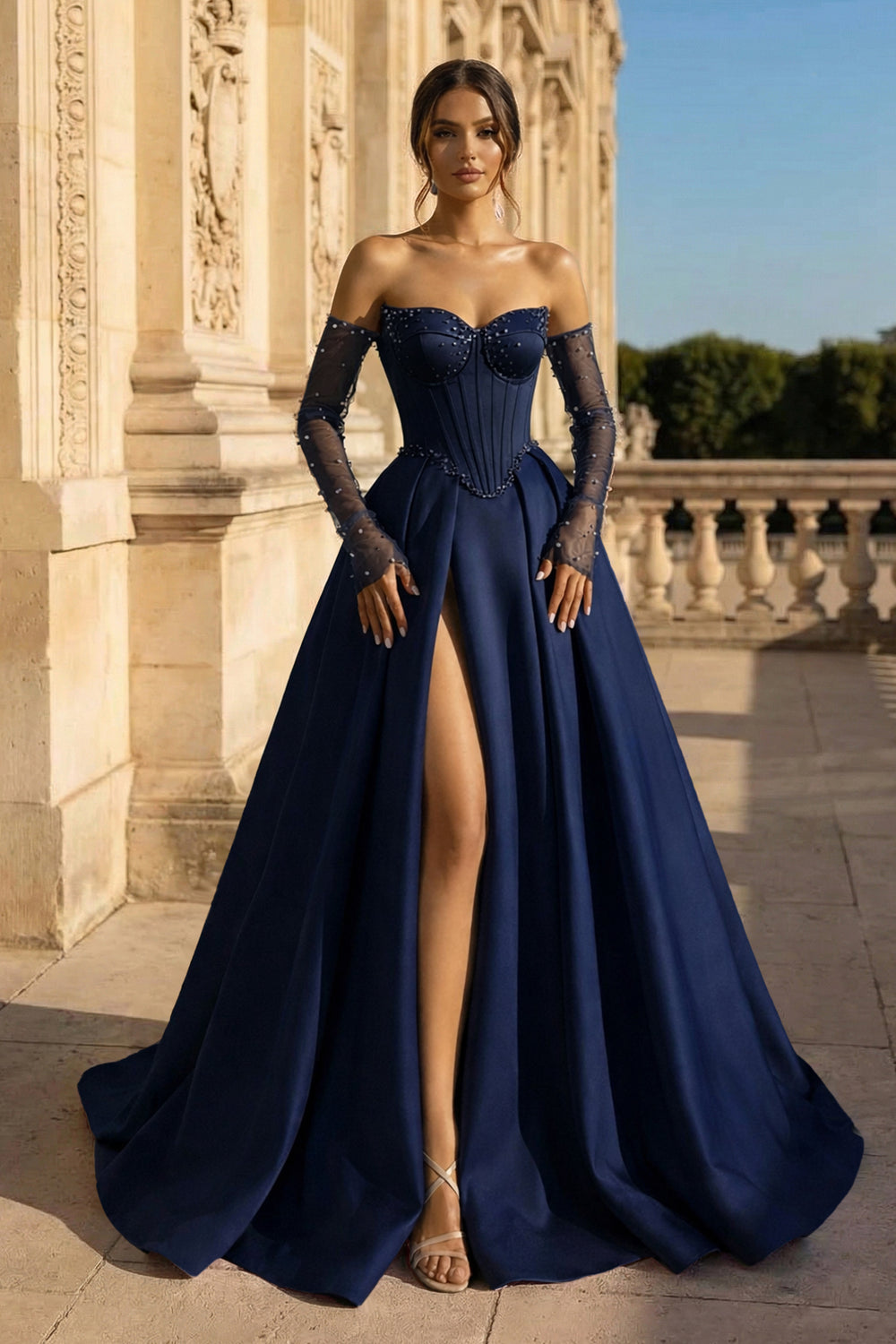 A-Line Lilac Sweetheart Satin Long Corset Prom Dress with Slit (Gloves are not Included) - KISSPROM PROM DRESSES