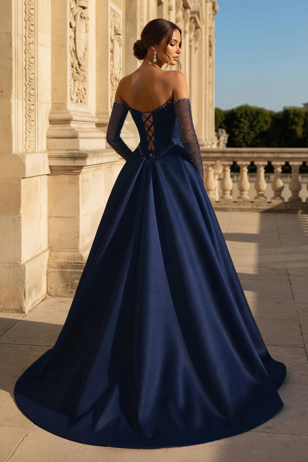 A-Line Lilac Sweetheart Satin Long Corset Prom Dress with Slit (Gloves are not Included) - KISSPROM PROM DRESSES
