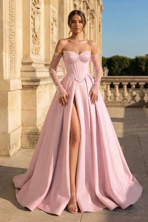A-Line Lilac Sweetheart Satin Long Corset Prom Dress with Slit (Gloves are not Included) - KISSPROM PROM DRESSES