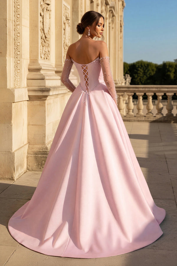 A-Line Lilac Sweetheart Satin Long Corset Prom Dress with Slit (Gloves are not Included) - KISSPROM PROM DRESSES