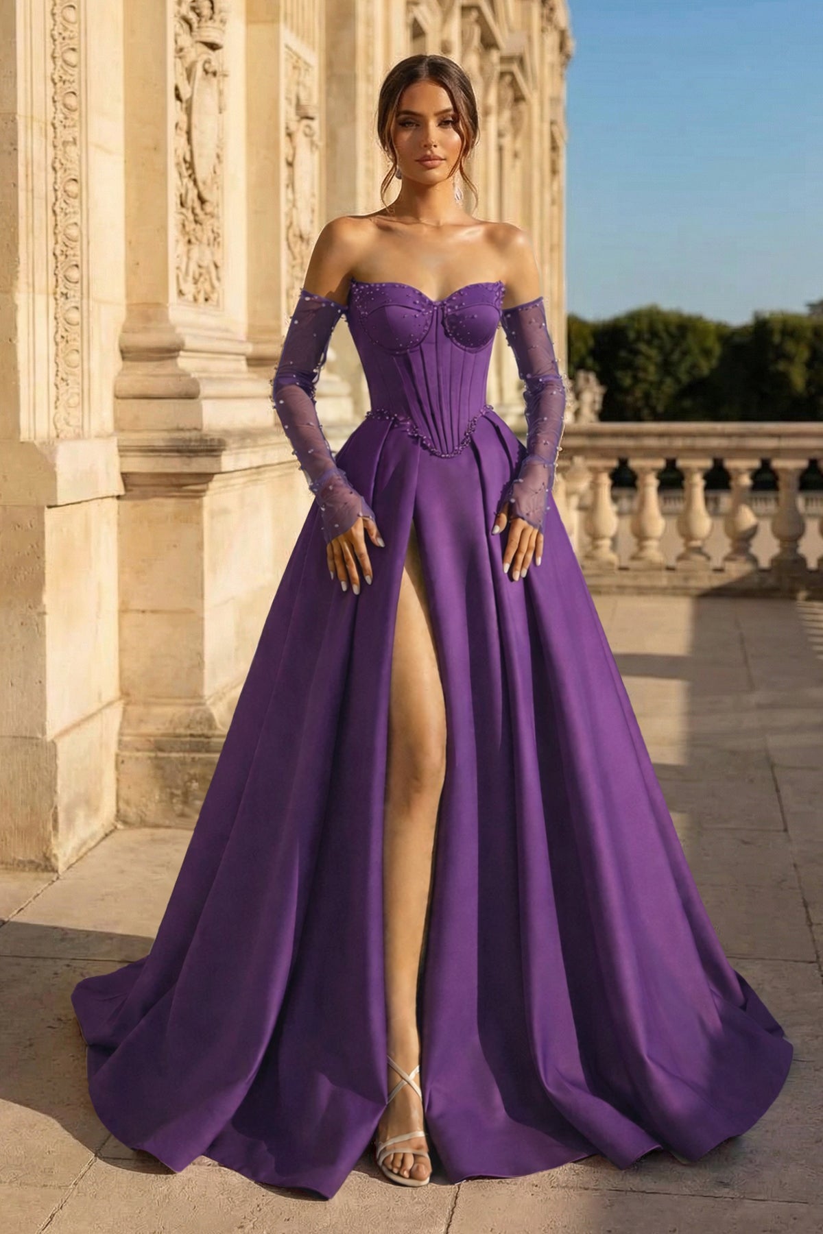 KissProm A-Line Lilac Sweetheart Satin Long Corset Prom Dress with Slit (Gloves are not Included), Purple / 18