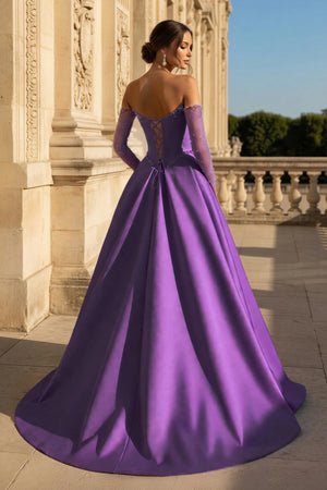 A-Line Lilac Sweetheart Satin Long Corset Prom Dress with Slit (Gloves are not Included) - KISSPROM PROM DRESSES