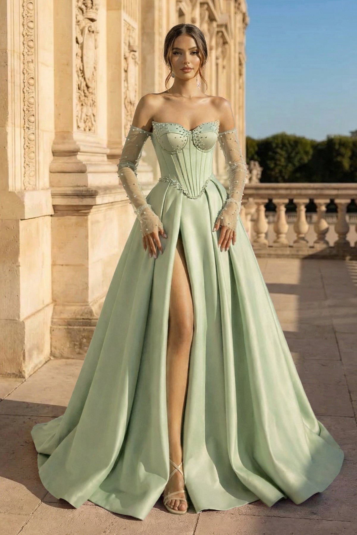 KissProm A-Line Lilac Sweetheart Satin Long Corset Prom Dress with Slit (Gloves are not Included), Sage Green / 0