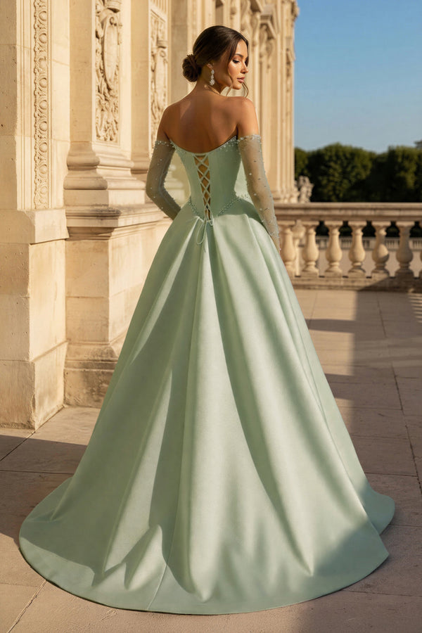 A-Line Lilac Sweetheart Satin Long Corset Prom Dress with Slit (Gloves are not Included) - KISSPROM PROM DRESSES