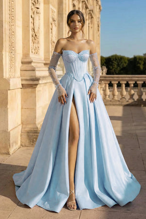 A-Line Lilac Sweetheart Satin Long Corset Prom Dress with Slit (Gloves are not Included) - KISSPROM PROM DRESSES