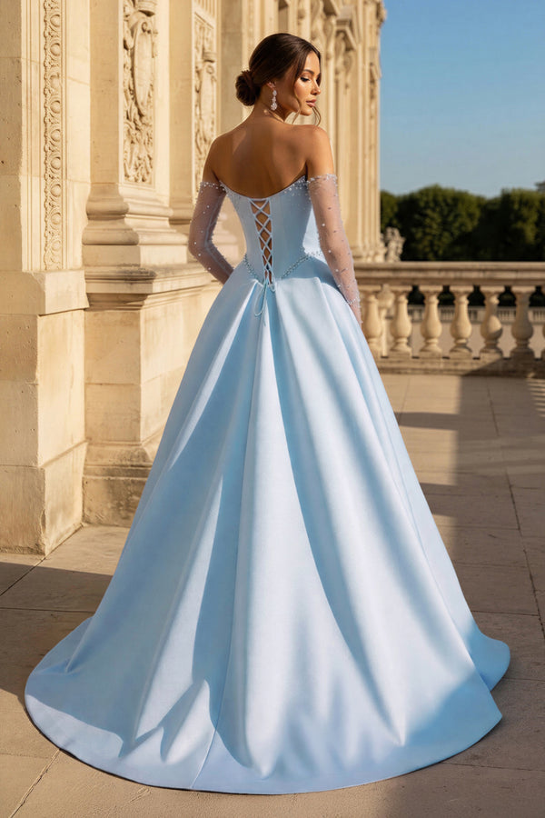 A-Line Lilac Sweetheart Satin Long Corset Prom Dress with Slit (Gloves are not Included) - KISSPROM PROM DRESSES