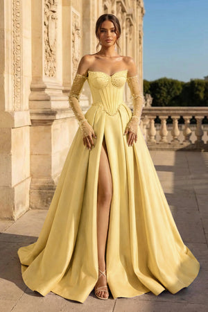 A-Line Lilac Sweetheart Satin Long Corset Prom Dress with Slit (Gloves are not Included) - KISSPROM PROM DRESSES
