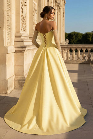 A-Line Lilac Sweetheart Satin Long Corset Prom Dress with Slit (Gloves are not Included) - KISSPROM PROM DRESSES