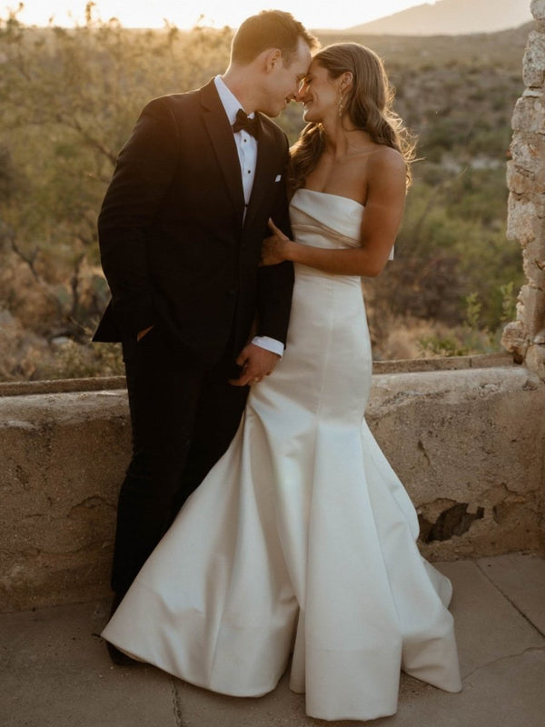 Elegant Mermaid Strapless Satin Sleeveless Wedding Dresses – Wedding Dresses by KissProm | Available at KissProm