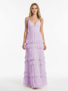 Decebal | A Line Pink Chiffon Tiered Ruffles Long Prom Dress - KissProm