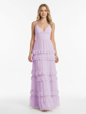 Decebal | A Line Pink Chiffon Tiered Ruffles Long Prom Dress - KissProm