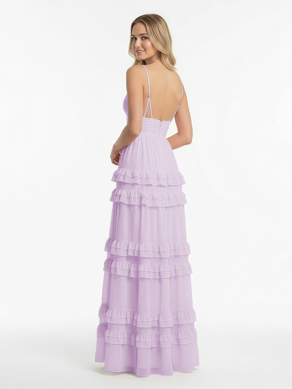 Decebal | A Line Pink Chiffon Tiered Ruffles Long Prom Dress - KissProm