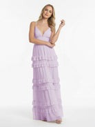 Decebal | A Line Pink Chiffon Tiered Ruffles Long Prom Dress - KissProm