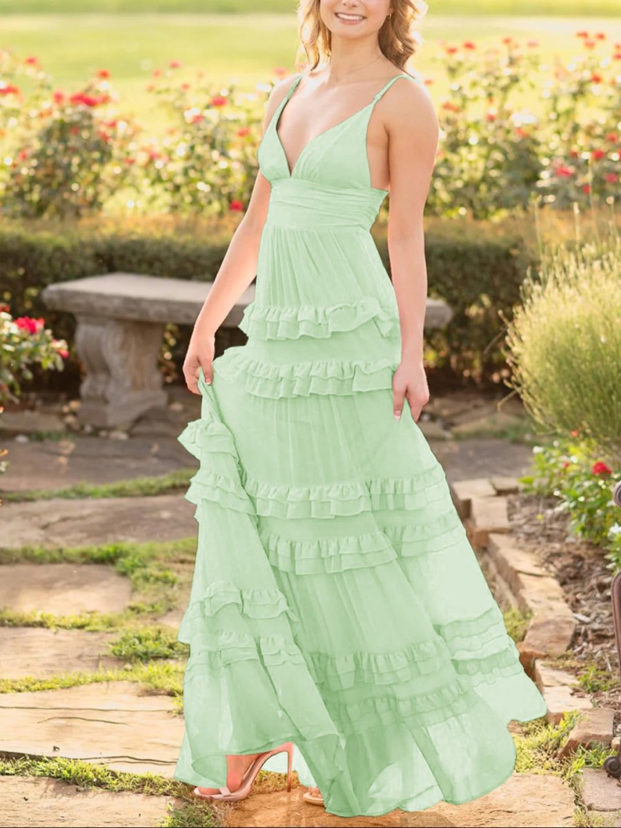 Decebal | A Line Pink Chiffon Tiered Ruffles Long Prom Dress