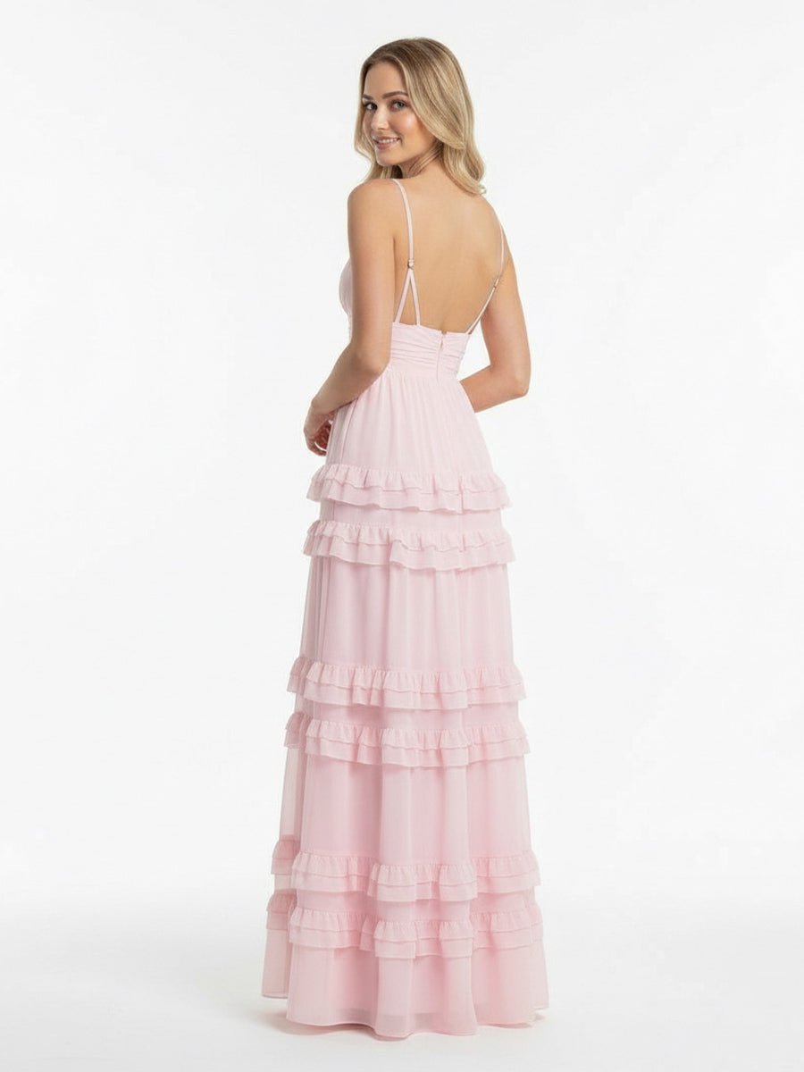 KissPorm-Decebal A Line Pink Chiffon Tiered Ruffles Long Prom Dress
