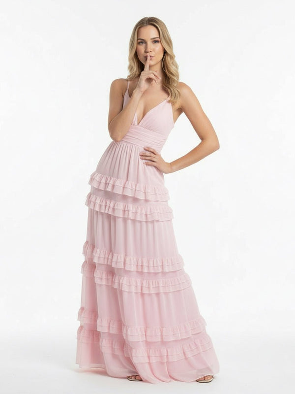 KissPorm-Decebal A Line Pink Chiffon Tiered Ruffles Long Prom Dress