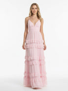 KissPorm-Decebal A Line Pink Chiffon Tiered Ruffles Long Prom Dress