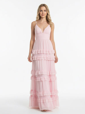 KissPorm-Decebal A Line Pink Chiffon Tiered Ruffles Long Prom Dress