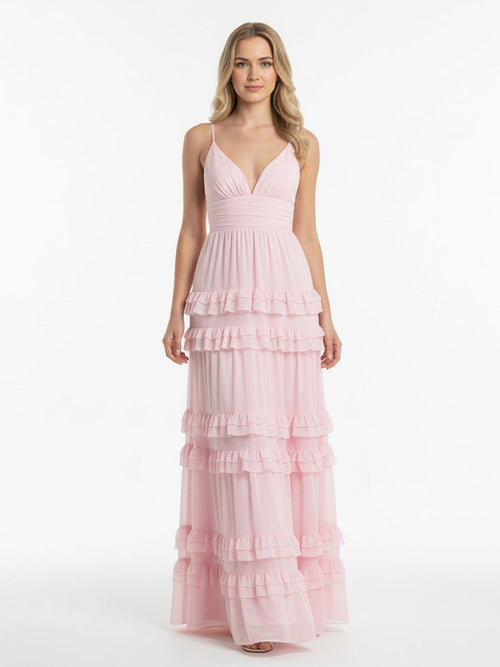 KissPorm-Decebal A Line Pink Chiffon Tiered Ruffles Long Prom Dress