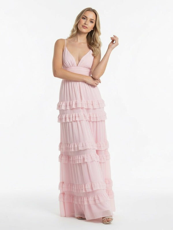 KissPorm-Decebal A Line Pink Chiffon Tiered Ruffles Long Prom Dress